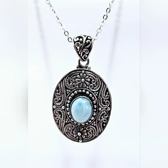 Ornate Genuine Larimar Necklace Rhodium over Sterling Silver! - Picture 4 of 9